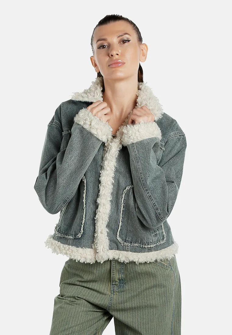 Faux Fur Trim Denim Jacket By RUW