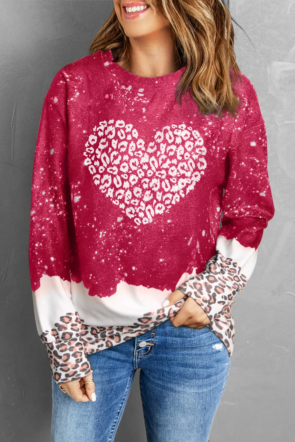 Fiery Red Leopard Bleached Heart Graphic Pullover Sweatshirt
