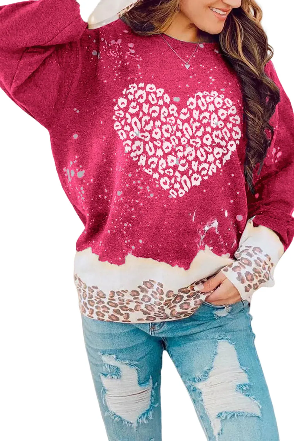 Fiery Red Leopard Bleached Heart Graphic Pullover Sweatshirt