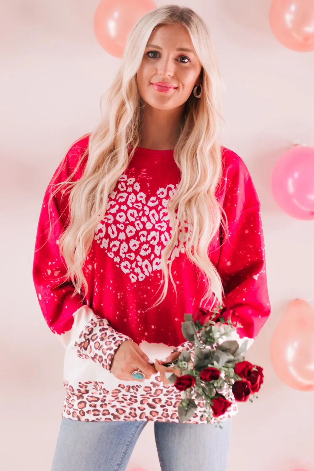 Fiery Red Leopard Bleached Heart Graphic Pullover Sweatshirt