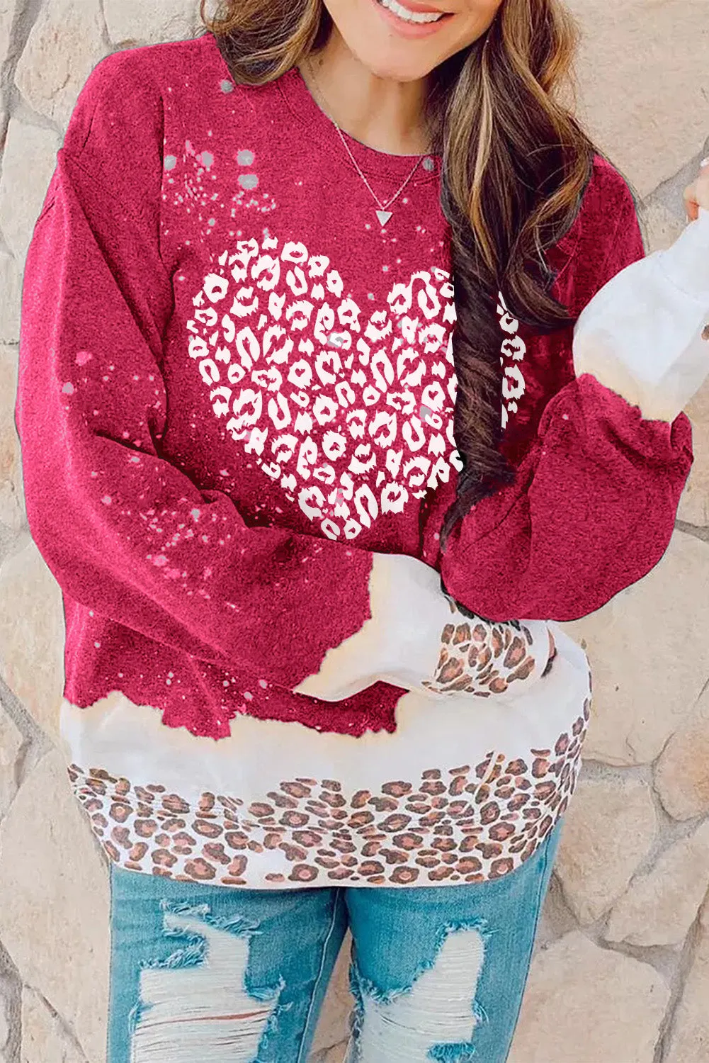 Fiery Red Leopard Bleached Heart Graphic Pullover Sweatshirt