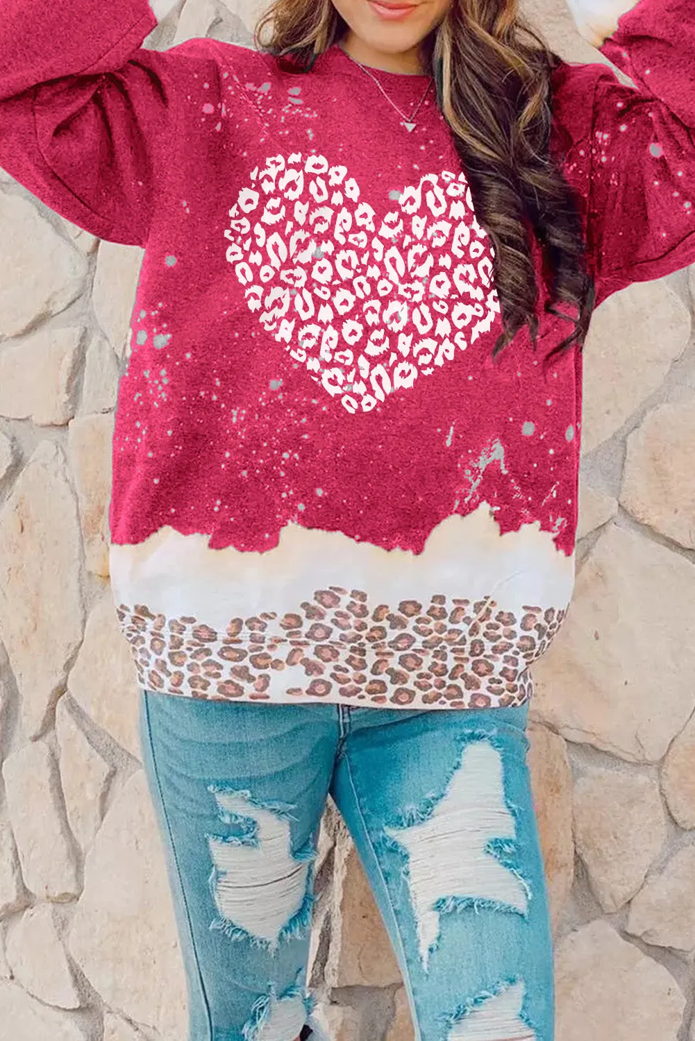 Fiery Red Leopard Bleached Heart Graphic Pullover Sweatshirt