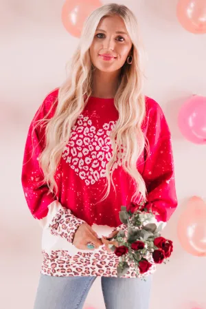 Fiery Red Leopard Bleached Heart Graphic Pullover Sweatshirt