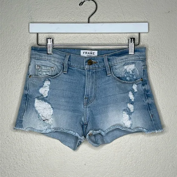 Frame Le Cutoff Distressed Denim Jeans Shorts in &quot;Taffs&quot; SIZE 24