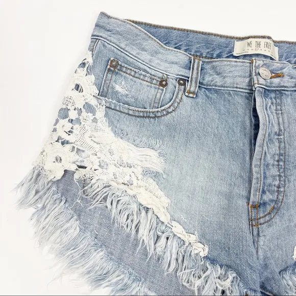 Free People Good Vibes Lace Hem Distressed Denim Shorts 27‎