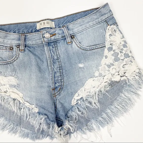 Free People Good Vibes Lace Hem Distressed Denim Shorts 27‎