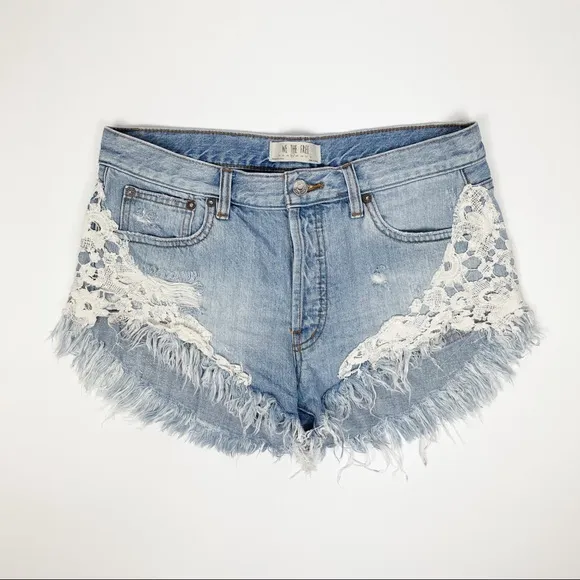 Free People Good Vibes Lace Hem Distressed Denim Shorts 27‎