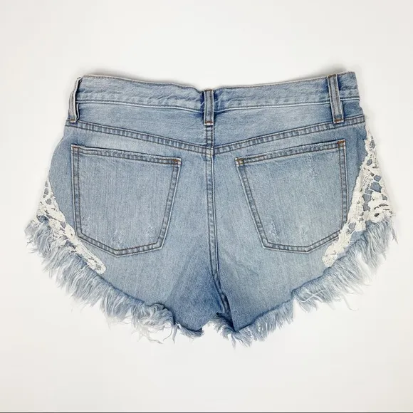 Free People Good Vibes Lace Hem Distressed Denim Shorts 27‎