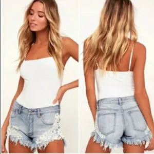 Free People Good Vibes Lace Hem Distressed Denim Shorts 27‎
