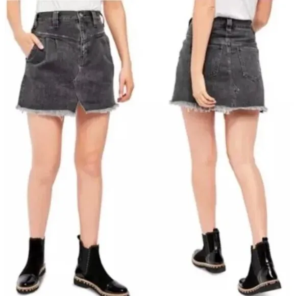 Free People We The Free Sidecar Distressed Black Denim Mini Skirt