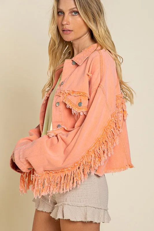 Fringe Distressed Crop Denim Jacket- Pol