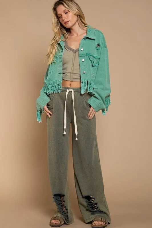 Fringe Distressed Crop Denim Jacket- Pol