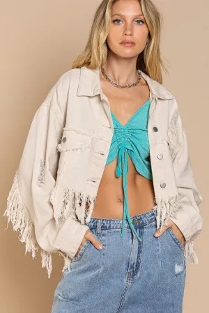 Fringe Distressed Crop Denim Jacket- Pol