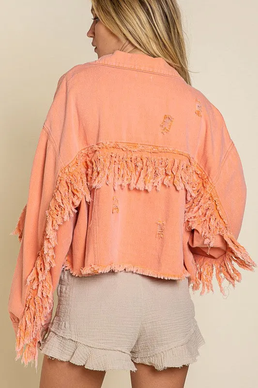 Fringe Distressed Crop Denim Jacket- Pol