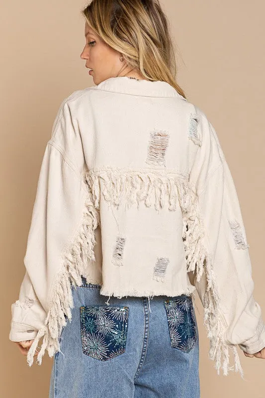 Fringe Distressed Crop Denim Jacket- Pol