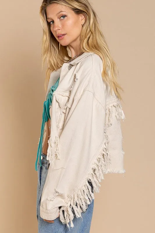 Fringe Distressed Crop Denim Jacket- Pol