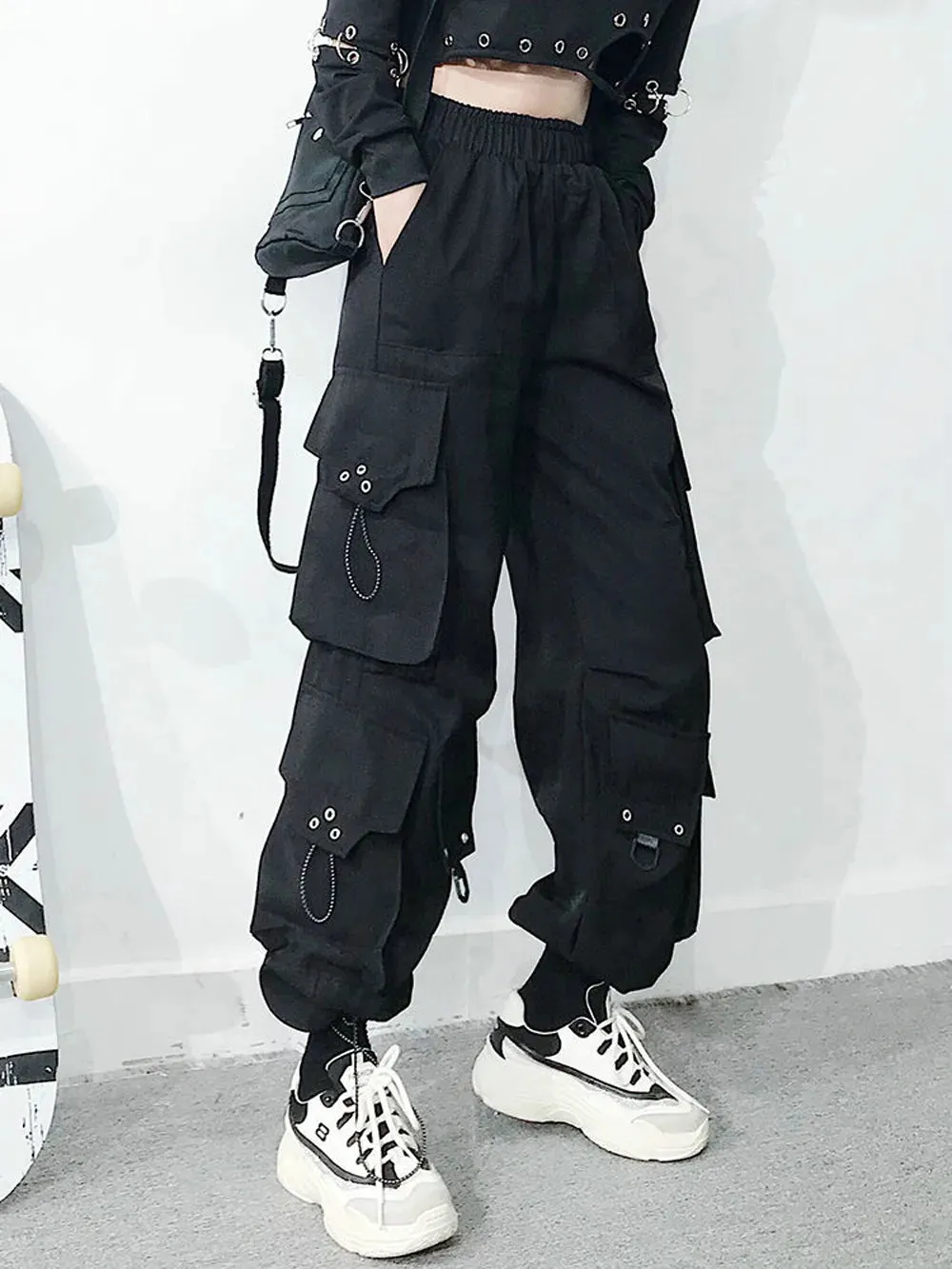 Gothic Harem Pants with Punk Pockets and Chain - Jogger Trousers