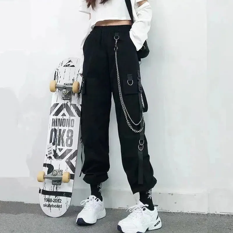 Gothic Harem Pants with Punk Pockets and Chain - Jogger Trousers