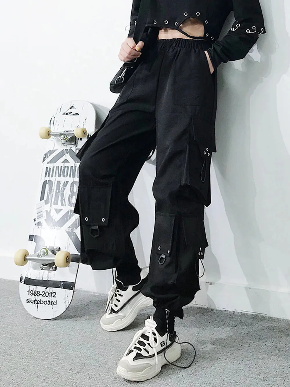 Gothic Harem Pants with Punk Pockets and Chain - Jogger Trousers