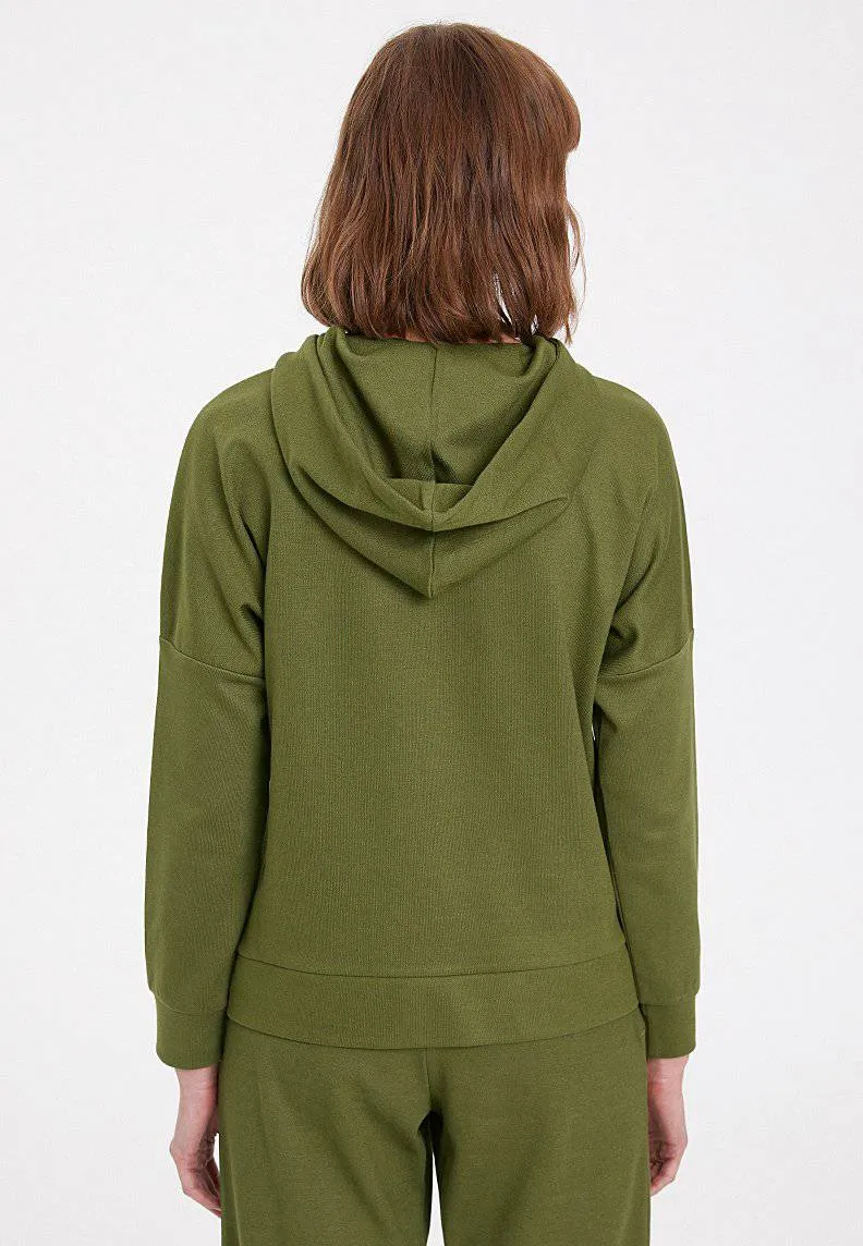 Haki Basic Bisiklet Yaka Regular Fit Rahat Kesim Kapüşonlu Kadın Sweatshirt ESSENTIALS RELAXED HOODIE