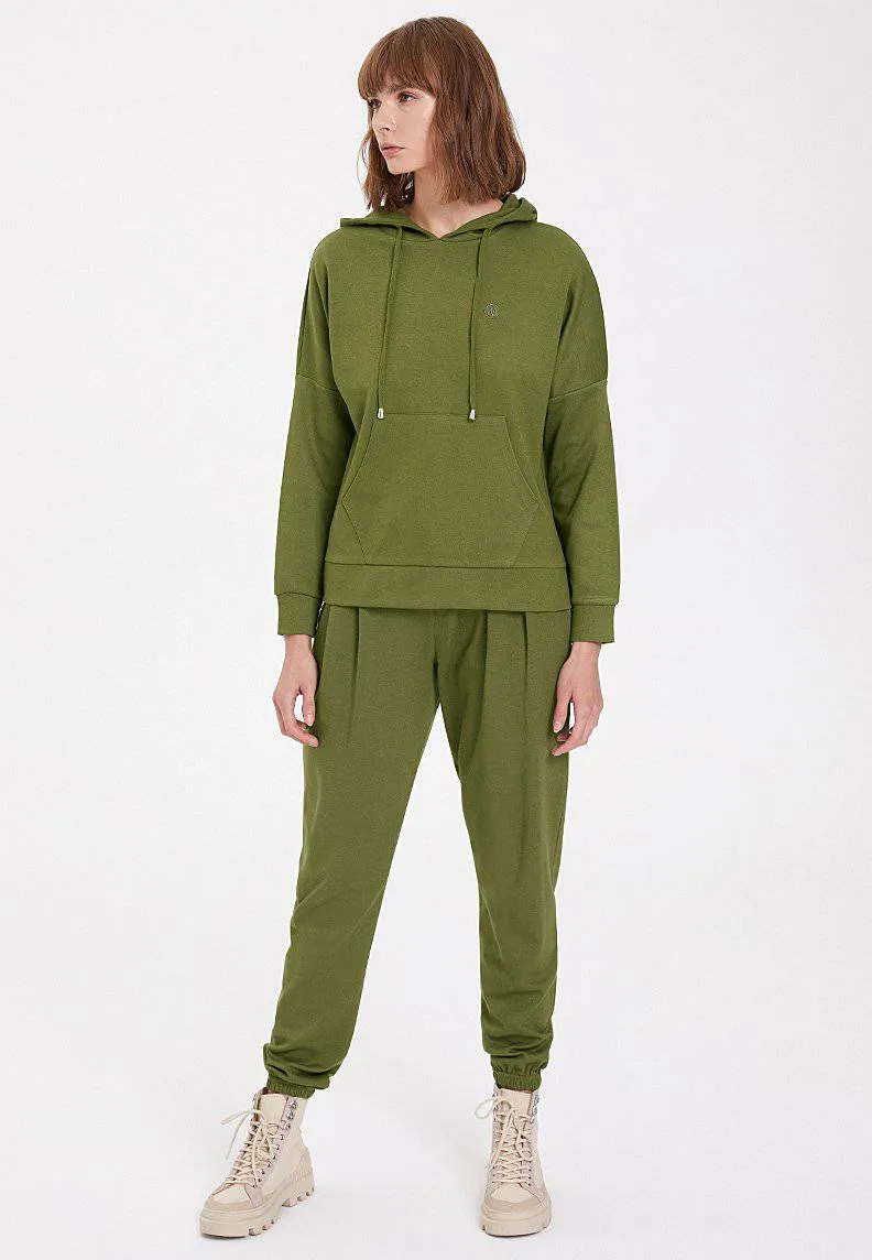 Haki Basic Bisiklet Yaka Regular Fit Rahat Kesim Kapüşonlu Kadın Sweatshirt ESSENTIALS RELAXED HOODIE