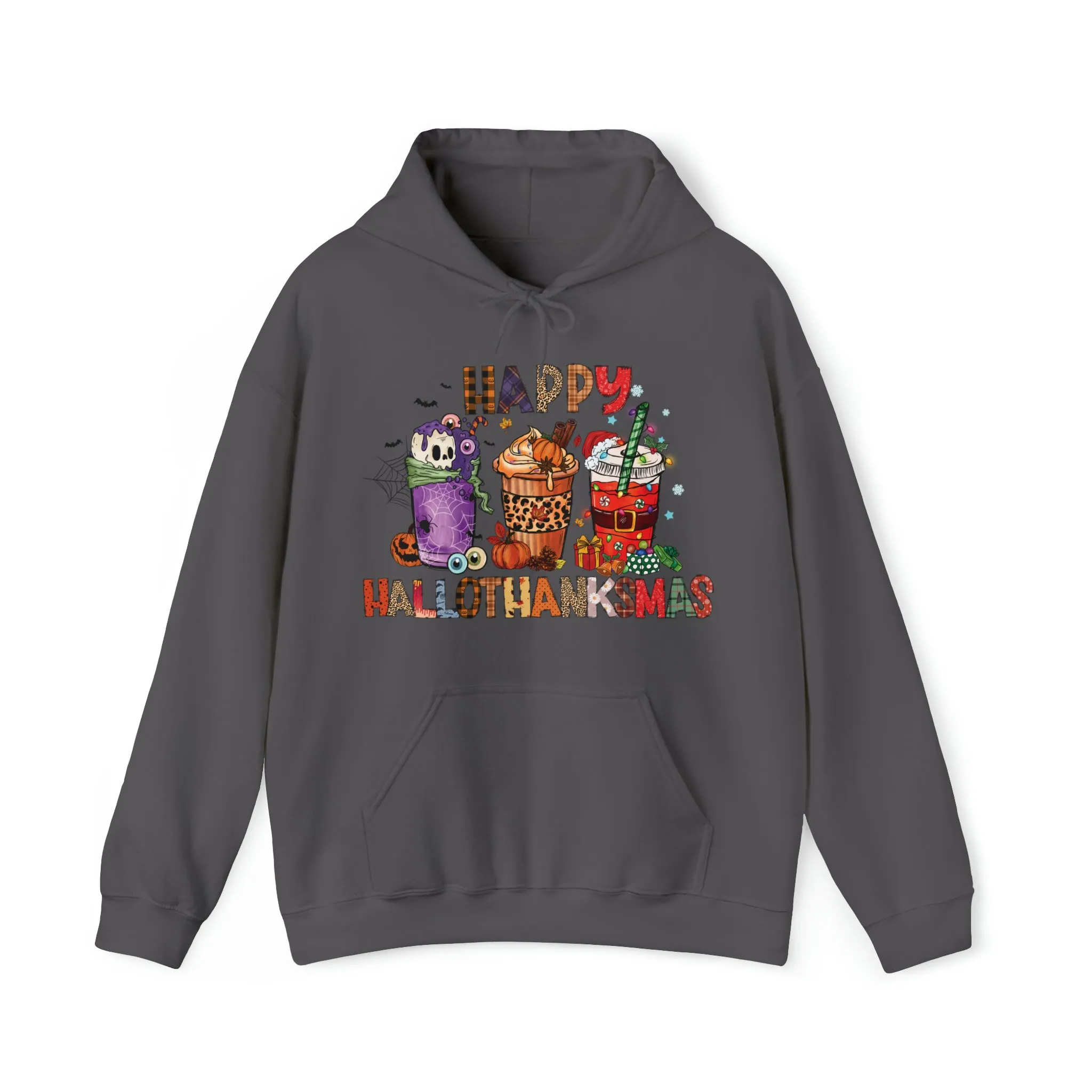 Happy Hallothanksmas Hooded Sweatshirt Hoodie Silly Halloween Thanksgiving Christmas All In One Graphic Viral Sweatshirt Viral Holiday Sweatshirt