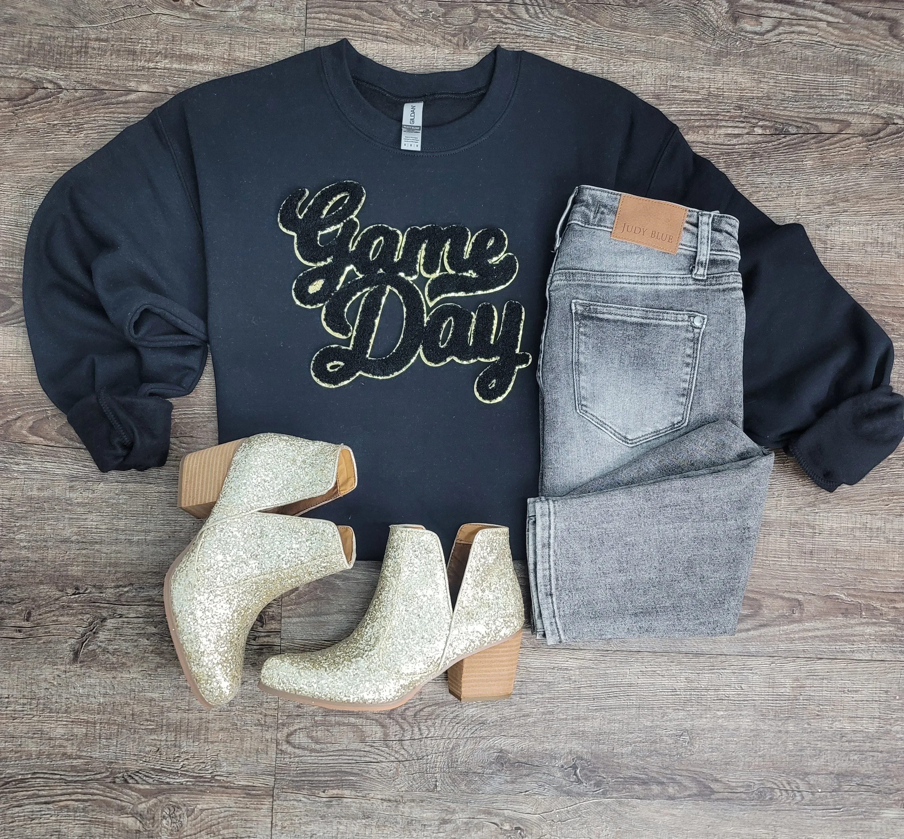 Hazel Blues® |  Game Day Patch Black Sweatshirt
