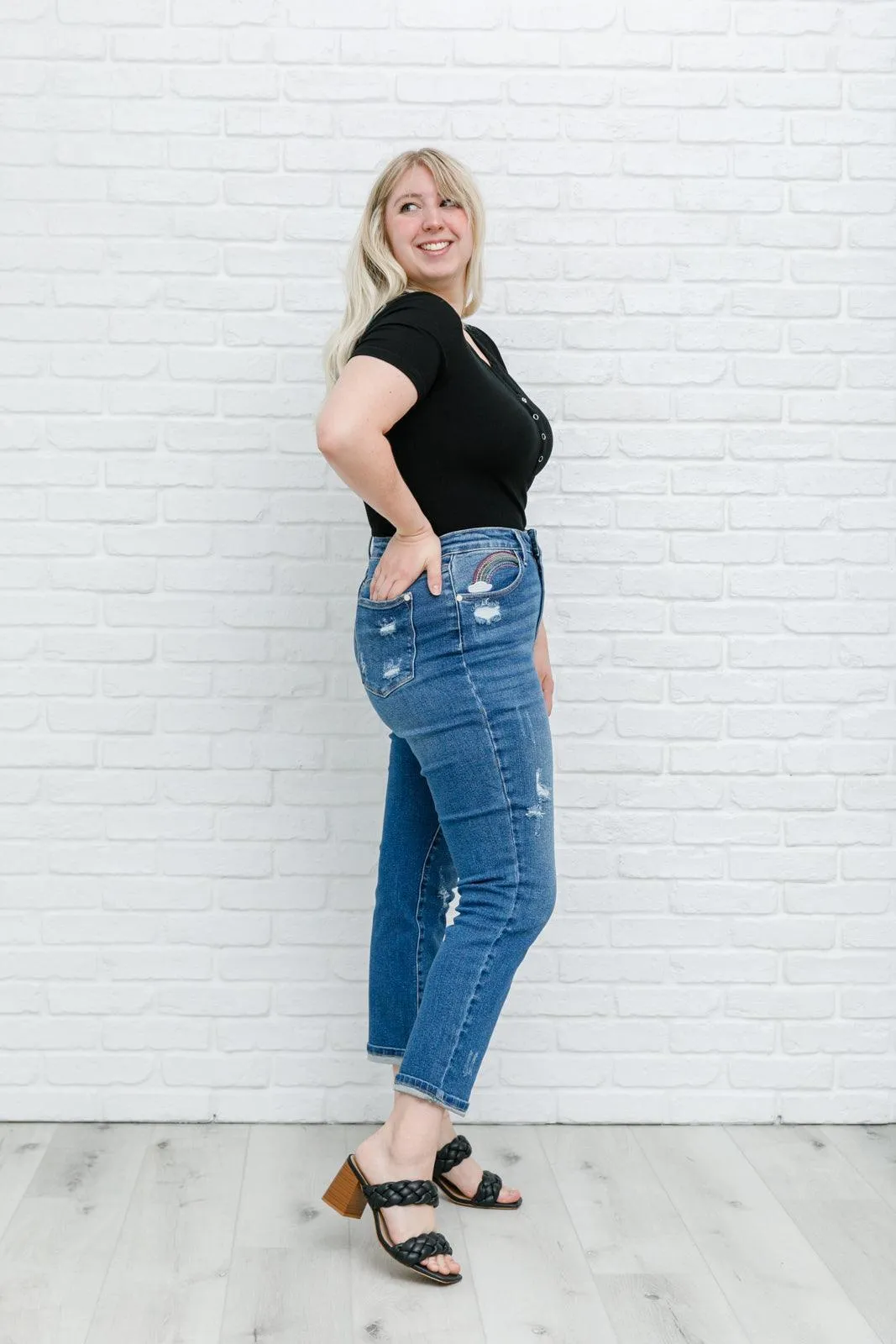 Hazel Blues® | Hi-Rise Rainbow Embroidery Cropped Straight Leg Jeans