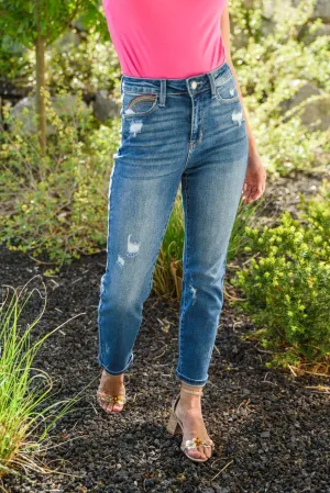 Hazel Blues® | Hi-Rise Rainbow Embroidery Cropped Straight Leg Jeans