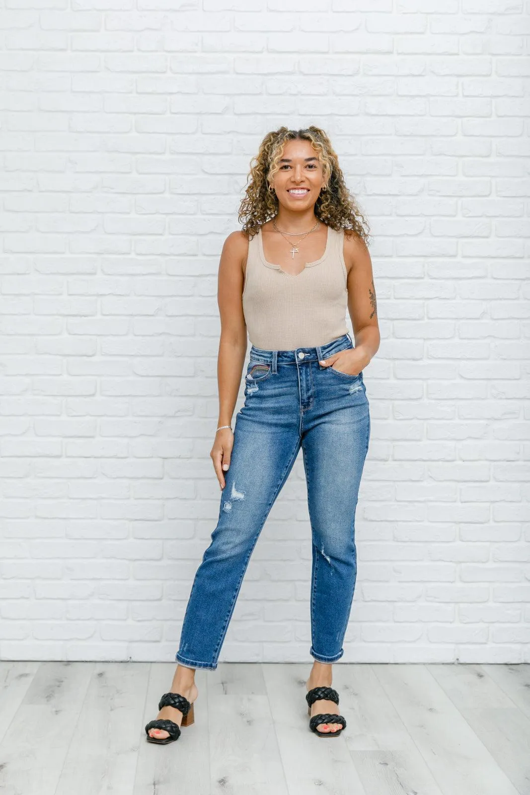 Hazel Blues® | Hi-Rise Rainbow Embroidery Cropped Straight Leg Jeans