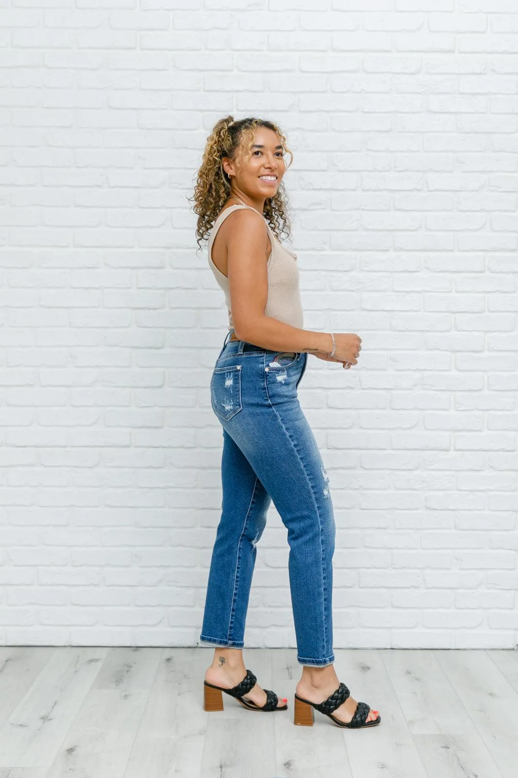 Hazel Blues® | Hi-Rise Rainbow Embroidery Cropped Straight Leg Jeans