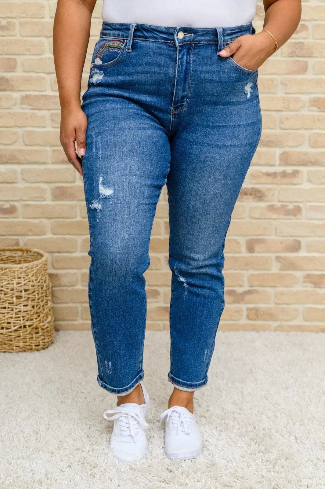 Hazel Blues® | Hi-Rise Rainbow Embroidery Cropped Straight Leg Jeans