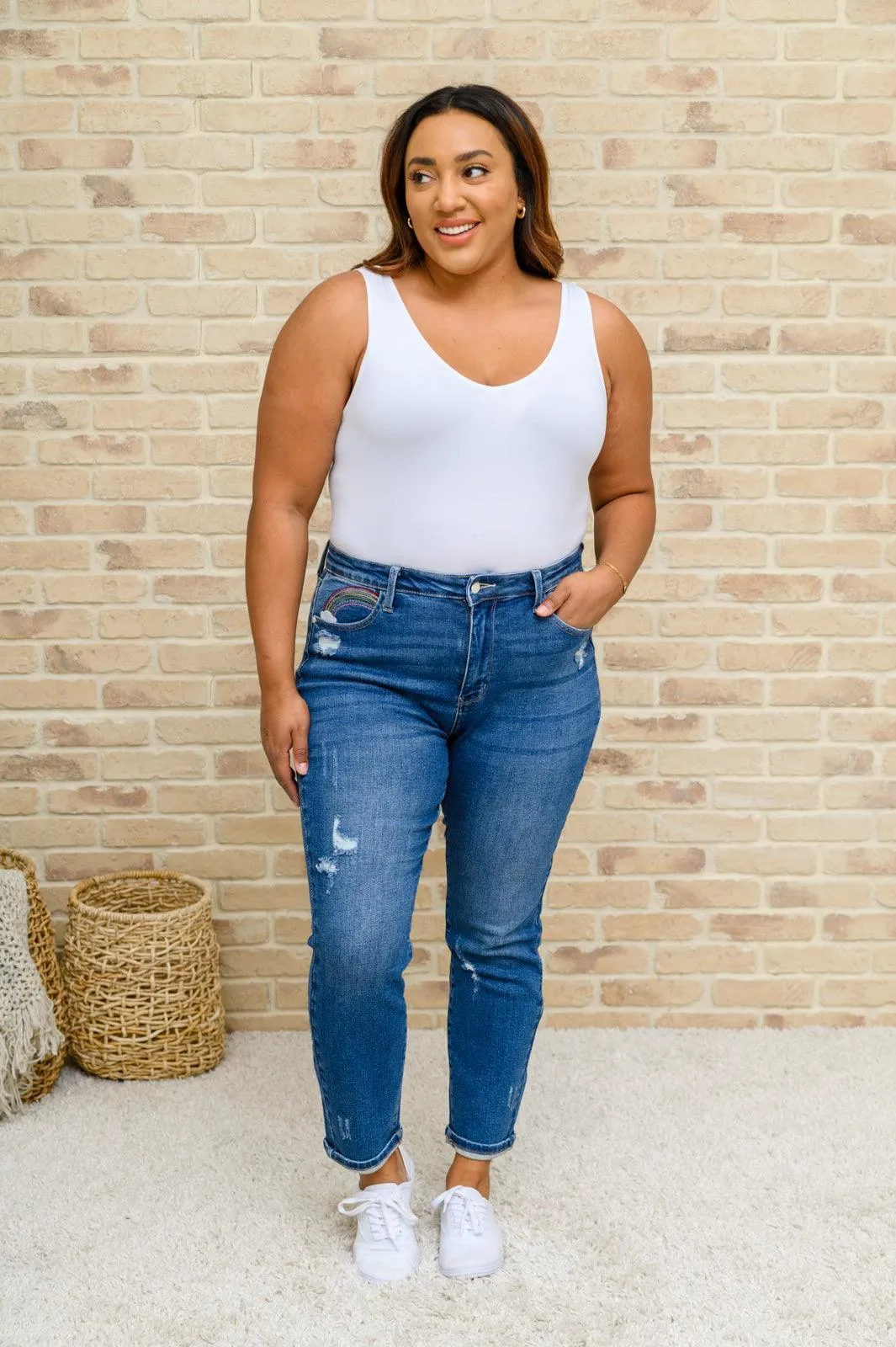 Hazel Blues® | Hi-Rise Rainbow Embroidery Cropped Straight Leg Jeans