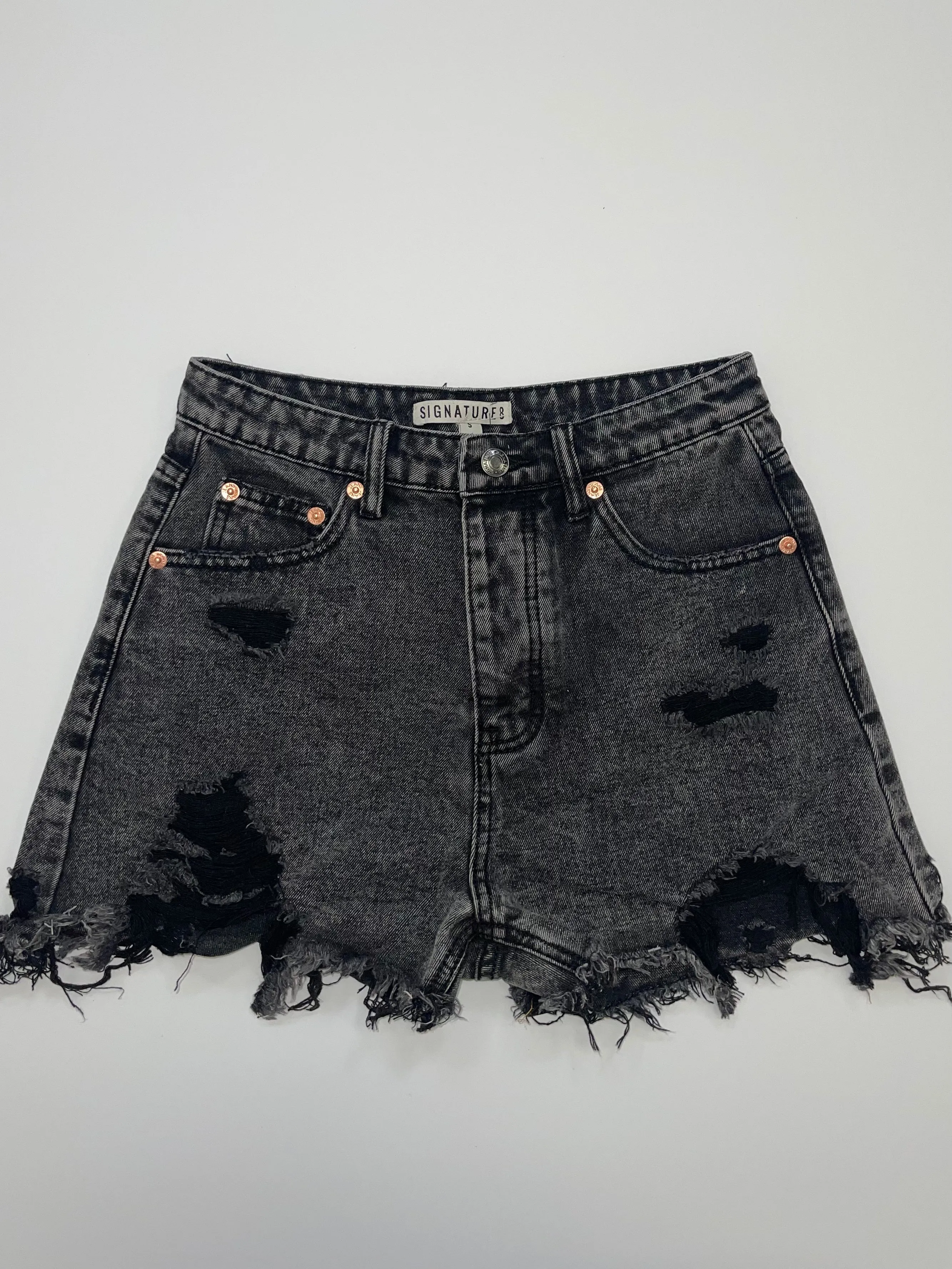 High Waisted Black Distressed Denim Shorts