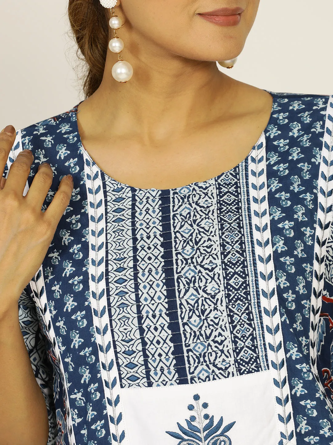 Indigo Blue Embroidered Cotton Straight Kurta Set with Dupatta