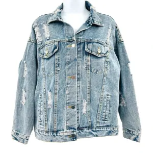 J.NNA Women's Distressed Denim Jean Jacket Small Flower Patch Beads Sequins