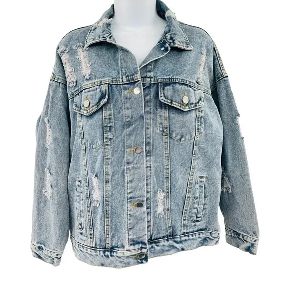 J.NNA Women's Distressed Denim Jean Jacket Small Flower Patch Beads Sequins