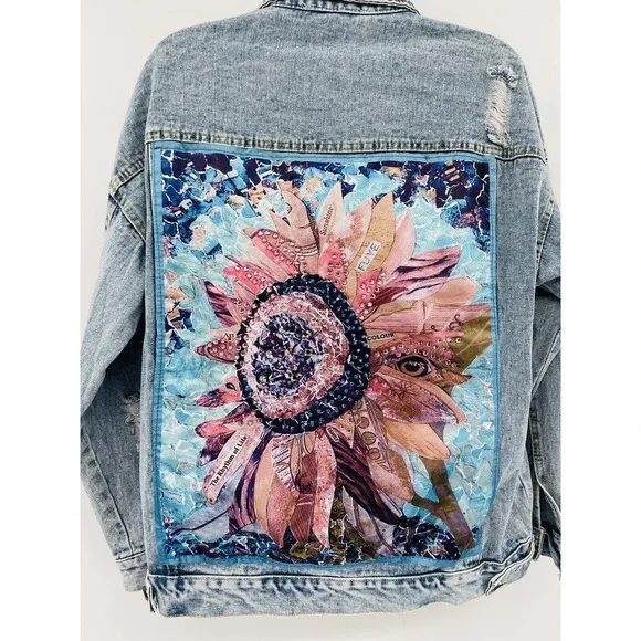 J.NNA Women's Distressed Denim Jean Jacket Small Flower Patch Beads Sequins