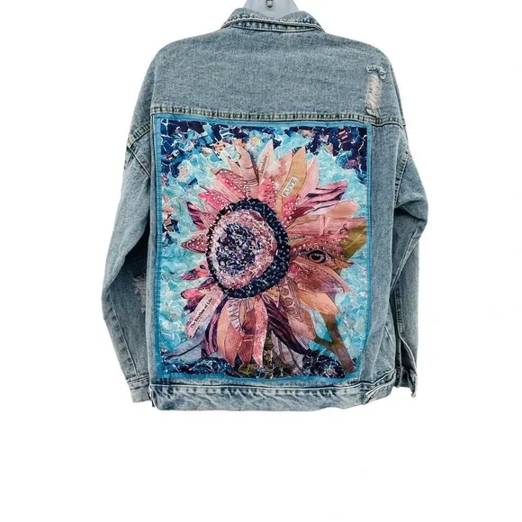 J.NNA Women's Distressed Denim Jean Jacket Small Flower Patch Beads Sequins