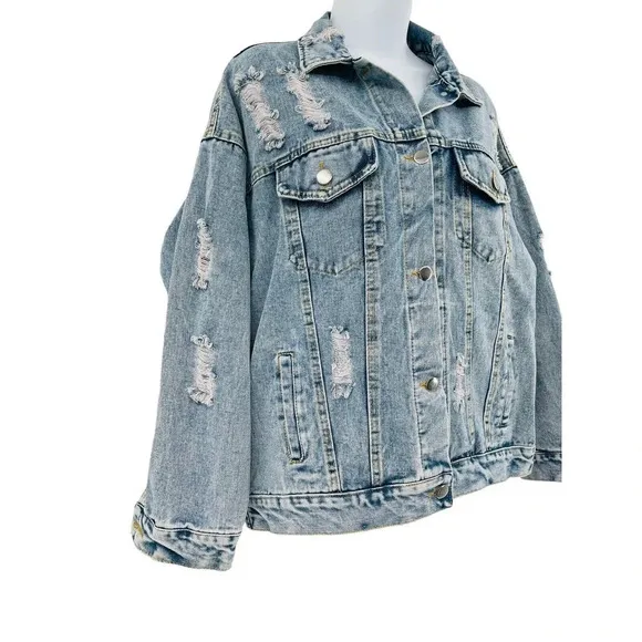 J.NNA Women's Distressed Denim Jean Jacket Small Flower Patch Beads Sequins