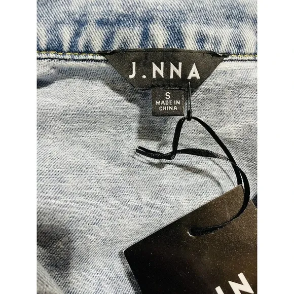J.NNA Women's Distressed Denim Jean Jacket Small Flower Patch Beads Sequins