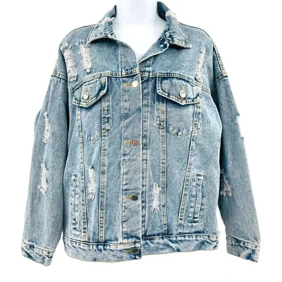 J.NNA Women's Distressed Denim Jean Jacket Small Flower Patch Beads Sequins