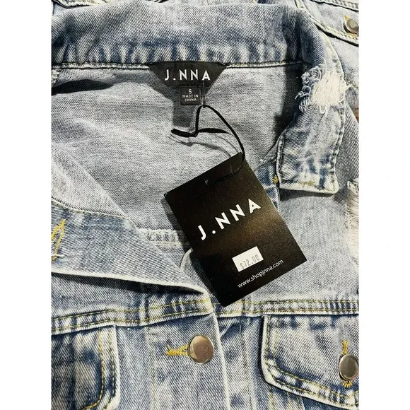 J.NNA Women's Distressed Denim Jean Jacket Small Flower Patch Beads Sequins