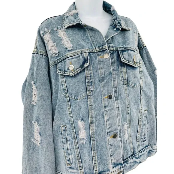 J.NNA Women's Distressed Denim Jean Jacket Small Flower Patch Beads Sequins