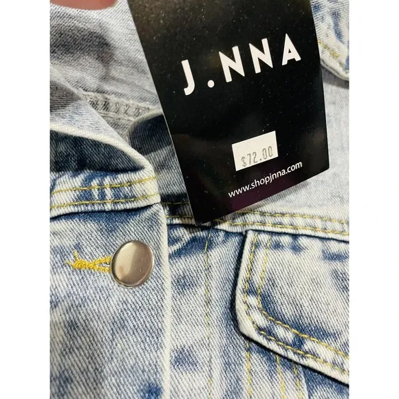 J.NNA Women's Distressed Denim Jean Jacket Small Flower Patch Beads Sequins