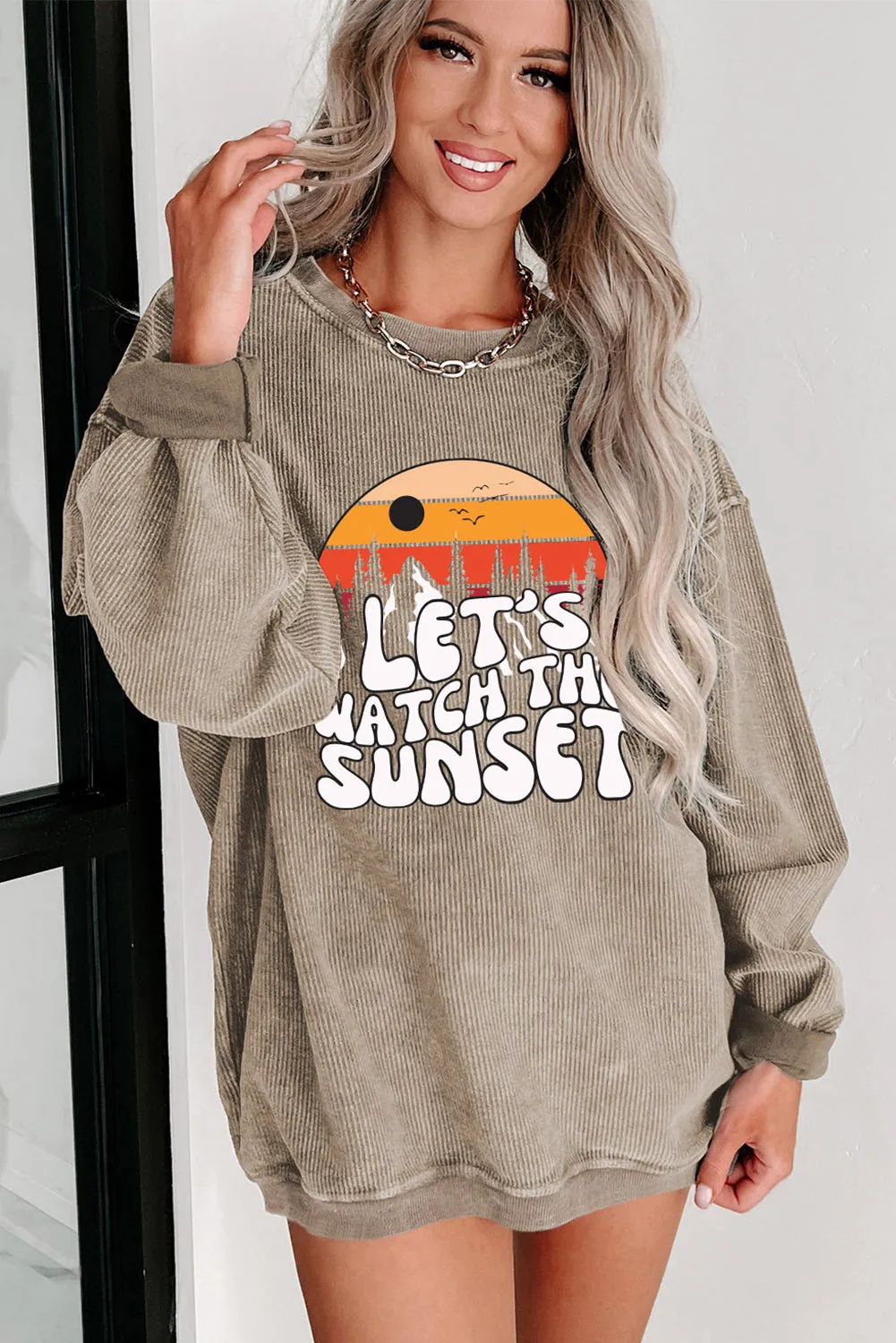 Khaki LET\'S WATCH THE SUNSET Graphic Corduroy Sweatshirt