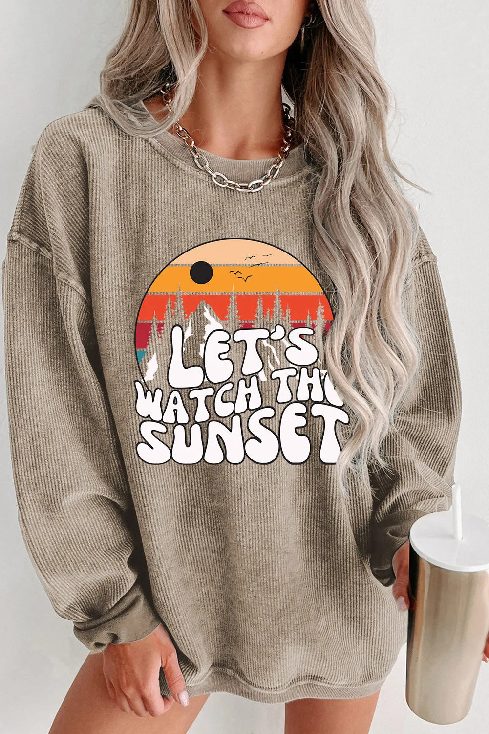 Khaki LET\'S WATCH THE SUNSET Graphic Corduroy Sweatshirt