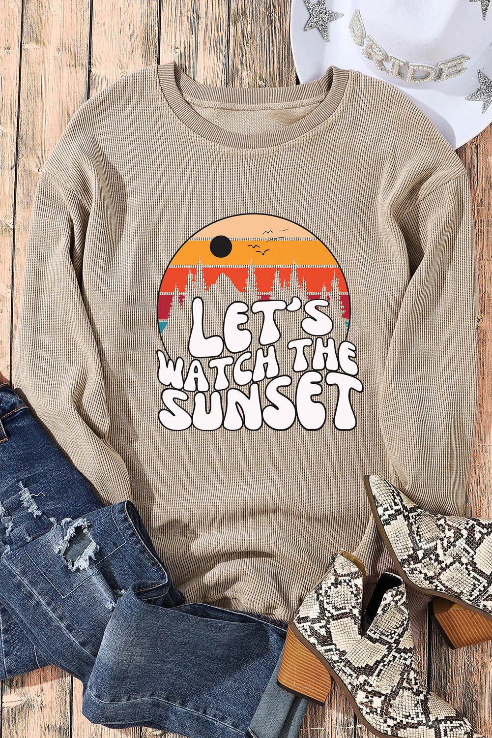 Khaki LET\'S WATCH THE SUNSET Graphic Corduroy Sweatshirt