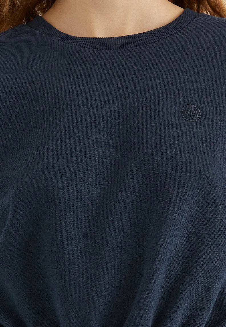 Lacivert Bisiklet Yaka Pamuklu Regular Fit Kadın Crop Sweatshirt ENJOY ELASTICATED HEM