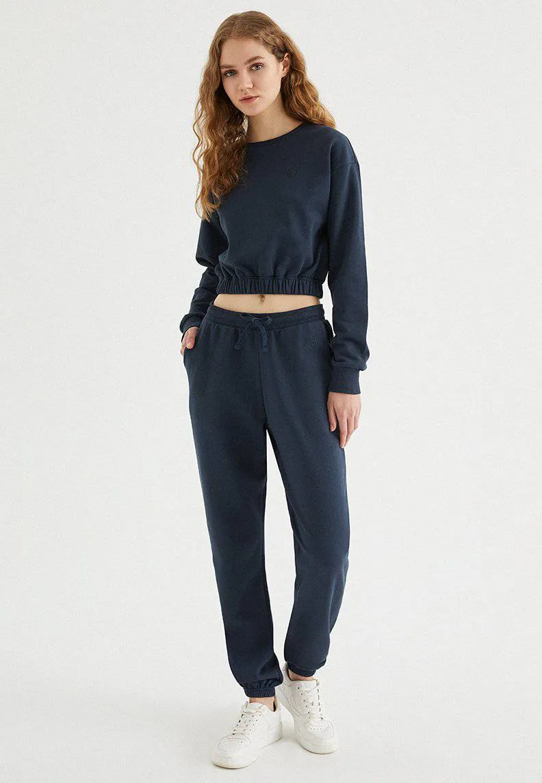 Lacivert Bisiklet Yaka Pamuklu Regular Fit Kadın Crop Sweatshirt ENJOY ELASTICATED HEM